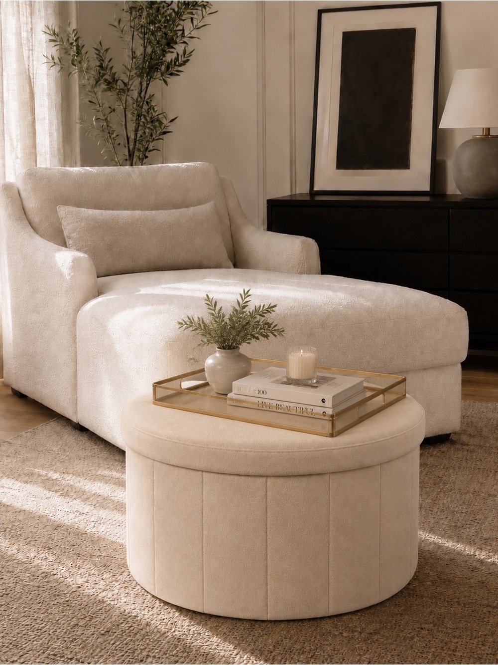 Round Shoe Storage Ottoman | Cream Velvet Hidden Organizer Seat | 250lb Capacity - Picture 1 of 8